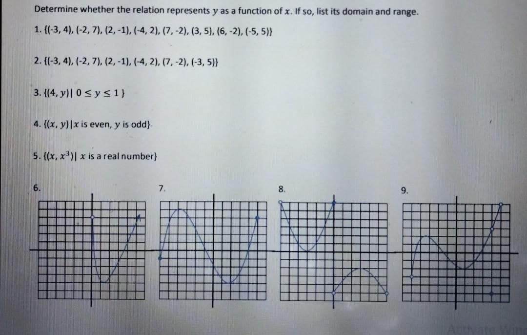 Determine whether the relation represents y as a function of x. If so, list its domain and range.
1. ((-3, 4), (-2, 7), (2, -1), (-4, 2), (7, -2), (3, 5), (6, -2), (-5, 5)}
2. (-3, 4), (-2, 7), (2, -1), (-4, 2), (7, -2), (-3, 5)}
3. {(4, y)| 0 <y <1}
4. ((x, y)|x is even, y is odd}
5. {(x, x')| x is a real number}
6.
7.
8.
9.
