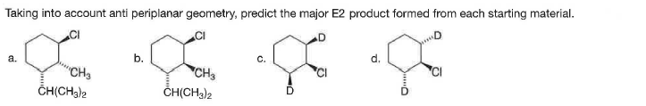 Taking into account anti periplanar geometry, predict the major E2 product formed from each starting material.
b.
с.
d.
a.
"CH
CH3
ČH(CH3)2
ČH(CH3)2
