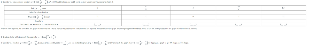 1. Consider the trigonometric function y = 2 sin(x – =)
We will fill out the table and plot 5 points so that we can see the graph and sketch it.
37
equal
6
Let
2
2
Solve for æ from last line
Thus, sin|
equal
1
-1
Solve for y
The 5 points are: x from row 2, y value from row 4
After we have 5 points, we know that the graph of sine looks like a wave. Hence, the graph can be sketched with the 5 points. You can extend the graph by copying the graph from the 5 points to the left and right because the graph of sine function is periodic.
2. Create a similar table to sketch the graph of y = -3 cos
(을+ )
1
, we can sketch the graph of y =2
cos a
3. Consider the function y = 2 sec (T - ). Because of the identity sec a =
and then sketch the graph of y = 2 sec
by flipping the graph to get "U" shape and "n" shape.
