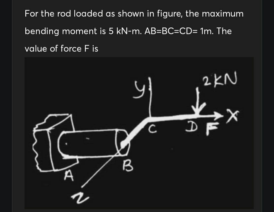 For the rod loaded as shown in figure, the maximum
bending moment is 5 kN-m. AB=BC=CD= 1m. The
value of force F is
2 KN
B
A

