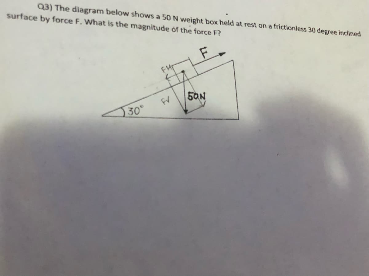 Q3) The diagram below shows a 50 N weight box held at rest on a frictionless 30 degree inclined
surface by force F. What is the magnitude óf the force F?
FHr
5ON
30°
