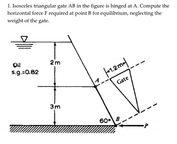1. Isosceles triangular gate AB in the figure is hinged at A. Compute the
horizontal force F required at point B for equilibrium, neglecting the
weight of the gate.
Oil
2m
s.g.=0.82
Gate
3m
60°
