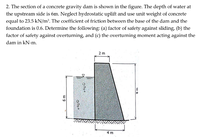 2. The section of a concrete gravity dam is shown in the figure. The depth of water at
the upstream side is 6m. Neglect hydrostatic uplift and use unit weight of concrete
equal to 23.5 kN/m?. The coefficient of friction between the base of the dam and the
foundation is 0.6. Determine the following: (a) factor of safety against sliding, (b) the
factor of safety against overturning, and (c) the overturning moment acting against the
dam in kN-m.
2 m
4 m
0000
