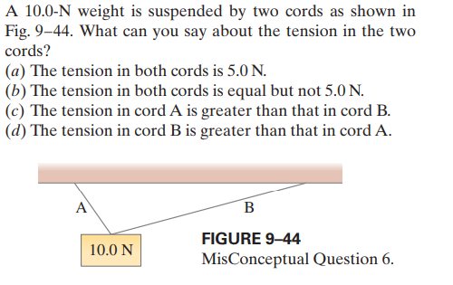 A 10.0-N weight is suspended by two cords as shown in
Fig. 9–44. What can you say about the tension in the two
cords?
(a) The tension in both cords is 5.O N.
(b) The tension in both cords is equal but not 5.0 N.
(c) The tension in cord A is greater than that in cord B.
(d) The tension in cord B is greater than that in cord A.
A
В
FIGURE 9-44
10.0 N
MisConceptual Question 6.
