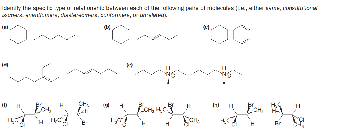 Identify the specific type of relationship between each of the following pairs of molecules (i.e., either same, constitutional
isomers, enantiomers, diastereomers, conformers, or unrelated).
(a)
(b)
(c)
(d)
(e)
H.
H
CH3
H3C
Lon, maf_*
Lon,
(f)
Br
(g)
Br
Br
(h)
Br
H.
LCH3
H
H
H
H
LaCH3 H3C
LCH3
H
H3C"
CI
H.
Br
C, CH
CH3
CI
CI
H
CI
H.
Br
