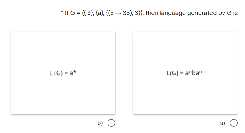 * If G = ({ S}, {a}, {(S → SS), S)}, then language generated by G is
L (G) = a*
L(G) = a^ba"
b) O
a) O
