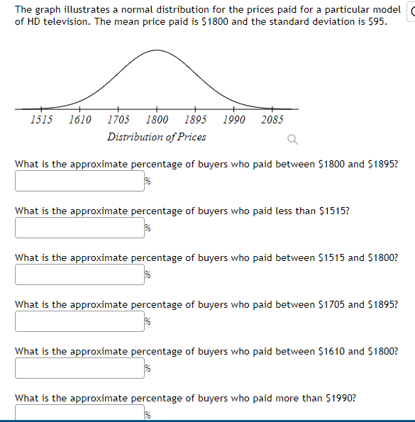 The graph illustrates a normal distribution for the prices paid for a particular model
of HD television. The mean price paid is $1800 and the standard deviation is $95.
1515
1610
1705
1800
1895
1990
2085
Distribution of Prices
What is the approximate percentage of buyers who paid between $1800 and $1895?
What is the approximate percentage of buyers who paid less than $1515?
What is the approximate percentage of buyers who paid between $1515 and $1800?
What is the approximate percentage of buyers who paid between $1705 and $1895?
What is the approximate percentage of buyers who paid between $1610 and $1800?
What is the approximate percentage of buyers who paid more than $1990?
