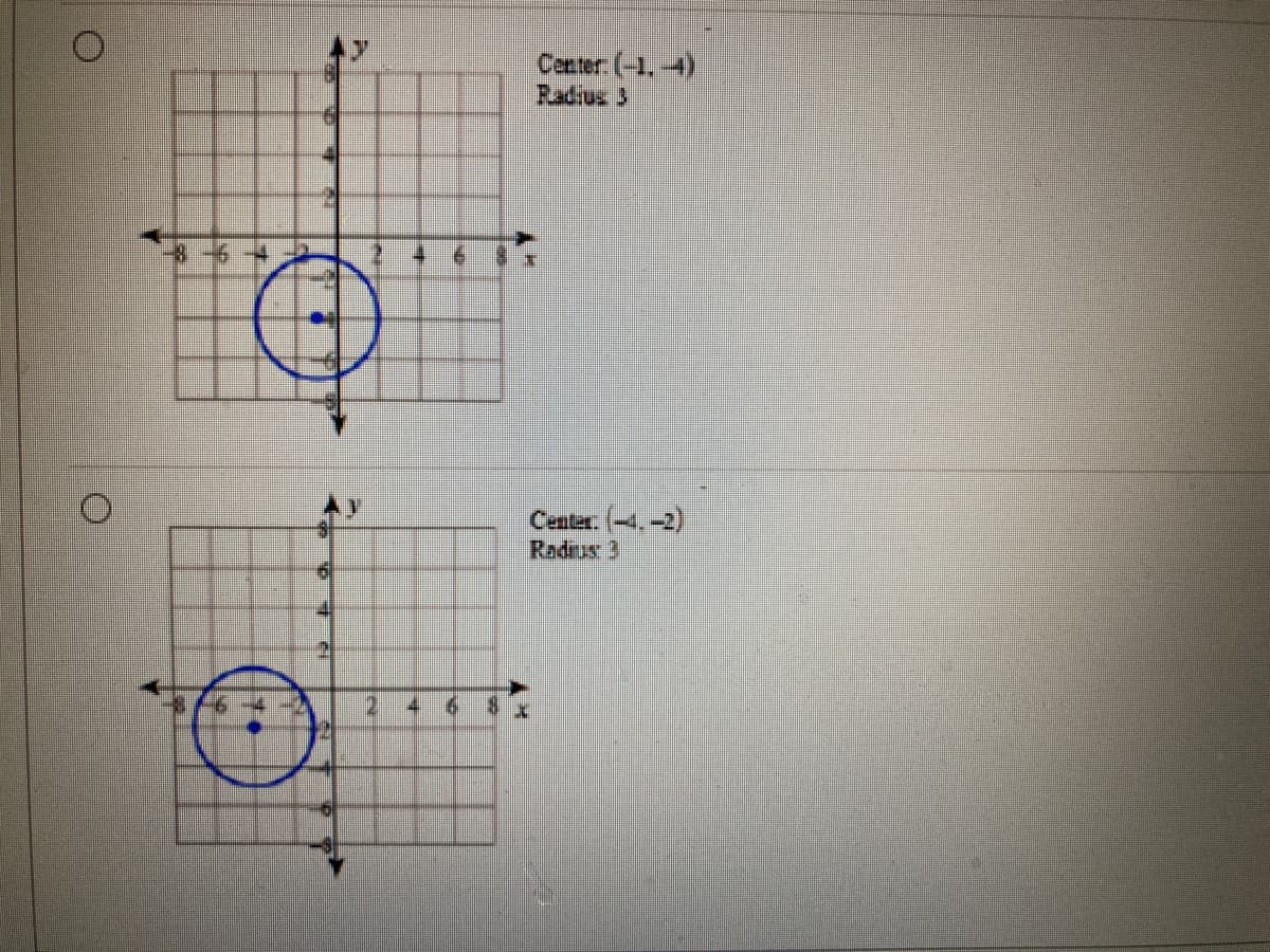 Center (-1.-4)
Radius 3
Center. (4,-2)
Radus 3
41
2.
4.
