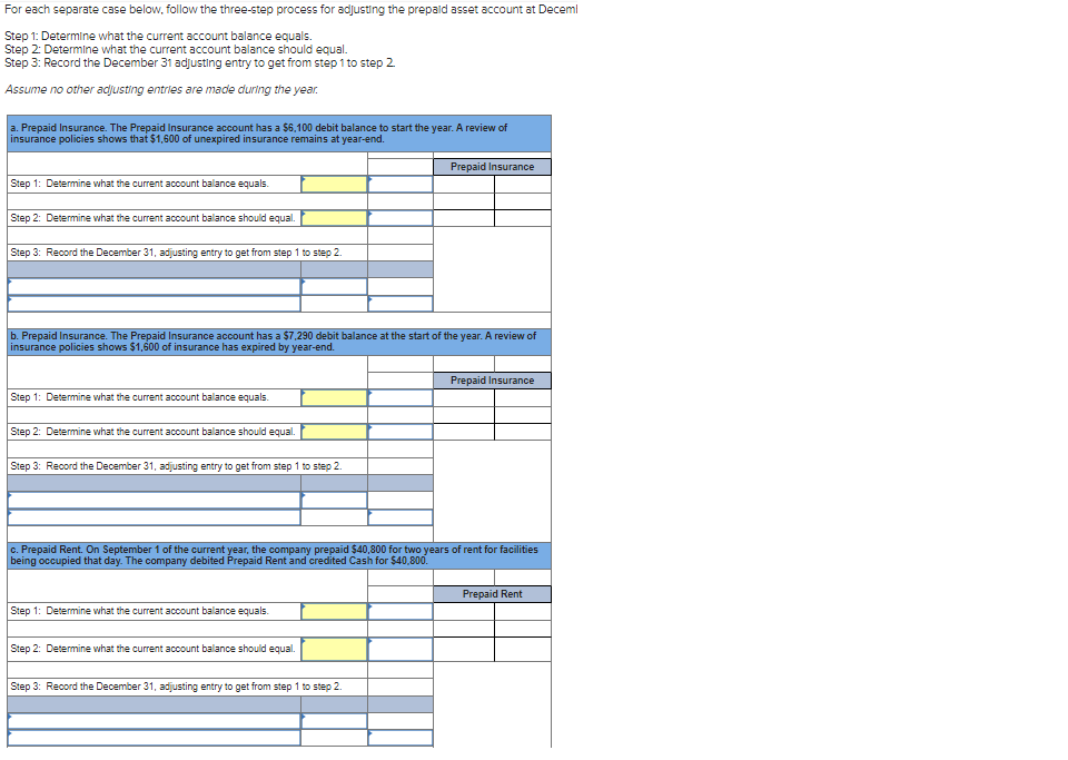 For each separate case below, follow the three-step process for adjusting the prepald asset account at Deceml
Step 1: Determine what the current account balance equals.
Step 2: Determine what the current account balance should equal.
Step 3: Record the December 31 adjusting entry to get from step 1 to step 2.
Assume no other adjusting entries are made during the year.
a. Prepaid Insurance. The Prepaid Insurance account has a $6,100 debit balance to start the year. A review of
insurance policies shows that $1,600 of unexpired insurance remains at year-end.
Prepaid Insurance
Step 1: Determine what the current account balance equals.
Step 2: Determine what the current account balance should equal.
Step 3: Record the December 31, adjusting entry to get from step 1 to step 2.
b. Prepaid Insurance. The Prepaid Insurance account has a $7,290 debit balance at the start of the year. A review of
insurance policies shows $1,600 of insurance has expired by year-end.
Prepaid Insurance
Step 1: Determine what the current account balance equals.
Step 2: Determine what the current account balance should equal.
Step 3: Record the December 31, adjusting entry to get from step 1 to step 2.
c. Prepaid Rent. On September 1 of the current year, the company prepaid $40,800 for two years of rent for facilities
being occupied that day. The company debited Prepaid Rent and credited Cash for $40,800.
Prepaid Rent
Step 1: Determine what the current account balance equals.
Step 2: Determine what the current account balance should equal.
Step 3: Record the December 31, adjusting entry to get from step 1 to step 2.
