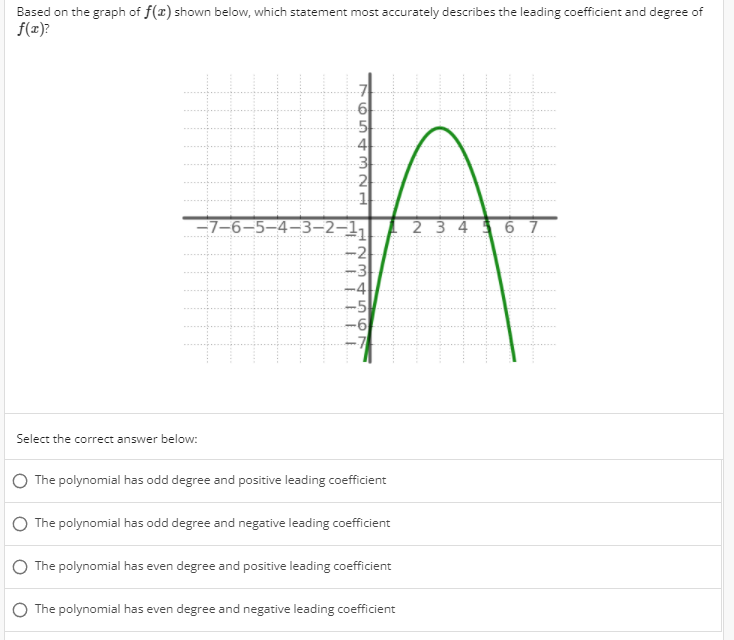Based on the graph of f(x) shown below, which statement most accurately describes the leading coefficient and degree of
f(x)?
4
3
2
1
-7-6–5–4-3-2-1,
-2
-3
2 3 4 6 7
-5
-6
Select the correct answer below:
The polynomial has odd degree and positive leading coefficient
The polynomial has odd degree and negative leading coefficient
The polynomial has even degree and positive leading coefficient
O The polynomial has even degree and negative leading coefficient
7O 5t mN
HNM 456
