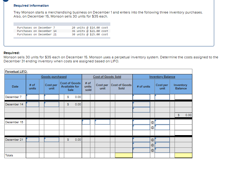 Requlred Informatlon
Trey Monson starts a merchandising business on December 1 and enters into the following three inventory purchases.
Also, on December 15, Monson sells 30 units for $35 each.
Purchases on December 7
20 units @ $14.00 cost
36 units @ $21.00 cost
30 units e $25.00 cost
Purchases on December 14
Purchases on December 21
Requlred:
Monson sells 30 units for $35 each on December 15. Monson uses a perpetual inventory system. Determine the costs assigned to the
December 31 ending inventory when costs are assigned based on LIFO.
Perpetual LIFO:
Goods purchased
Cost of Goods Sold
Inventory Balance
Cost of Goods
# of
# of
units
Cost per
Cost per Cost of Goods
unit
Cost per
# of units
Inventory
Balance
Date
Available for
units
unit
Sold
unit
Sale
sold
December 7
0.00
December 14
0.00
0.00
December 15
December 21
0.00
Totals

