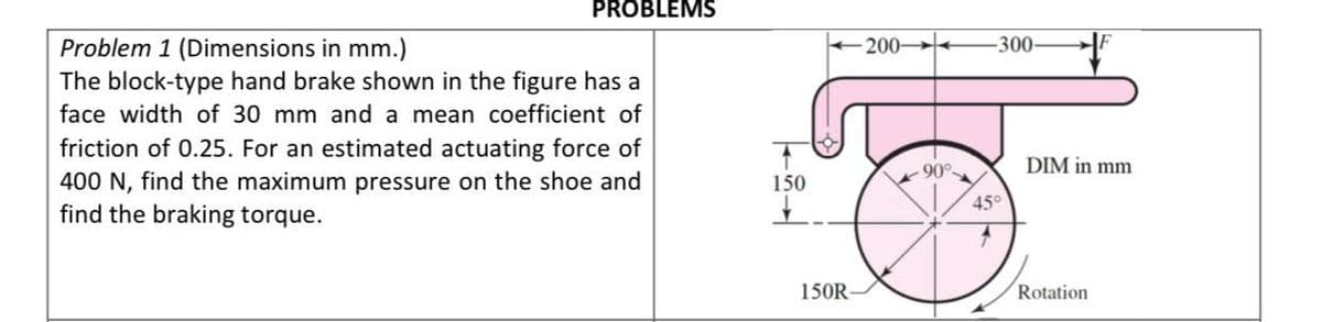 PROBLEMS
Problem 1 (Dimensions in mm.)
The block-type hand brake shown in the figure has a
face width of 30 mm and a mean coefficient of
friction of 0.25. For an estimated actuating force of
400 N, find the maximum pressure on the shoe and
find the braking torque.
150
+
150R-
200-
90°
-300-
45°
4
DIM in mm
Rotation