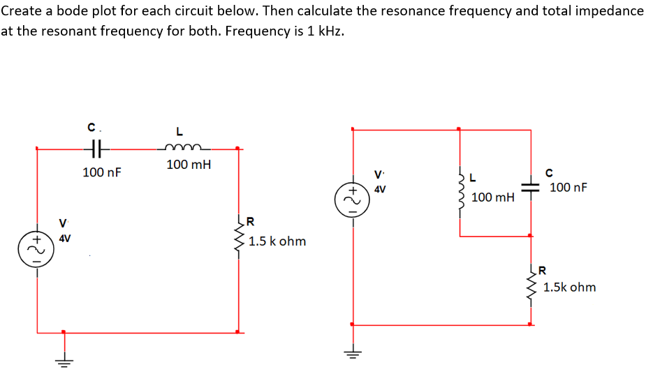 Create a bode plot for each circuit below. Then calculate the resonance frequency and total impedance
at the resonant frequency for both. Frequency is 1 kHz.
C.
100 mH
100 nF
4V
100 nF
100 mH
4V
1.5 k ohm
1.5k ohm
(+2)
