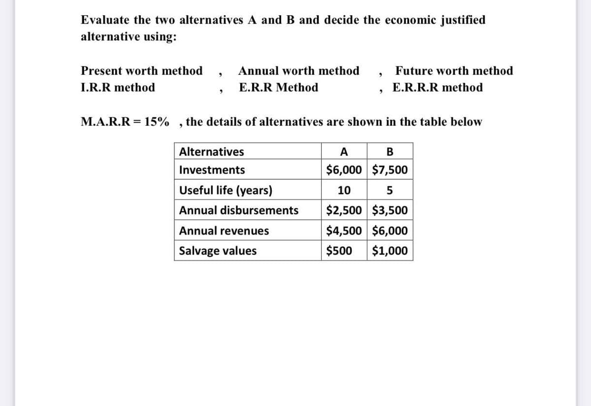 Evaluate the two alternatives A and B and decide the economic justified
alternative using:
Present worth method
Annual worth method
Future worth method
I.R.R method
E.R.R Method
E.R.R.R method
M.A.R.R = 15%
the details of alternatives are shown in the table below
Alternatives
A
Investments
$6,000 $7,500
Useful life (years)
10
Annual disbursements
$2,500 $3,500
Annual revenues
$4,500 $6,000
Salvage values
$500
$1,000
