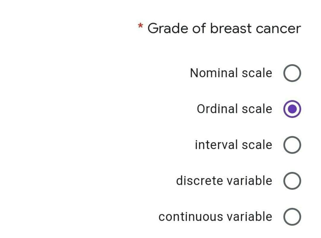 Grade of breast cancer
*
Nominal scale O
Ordinal scale
interval scale O
discrete variable O
continuous variable
