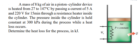 A mass of 8 kg of air in a piston-cylinder device
is heated from 27 to 147°C by passing a current of 5 A
and 220 V for 15min through a resistance heater inside
the cylinder. The pressure inside the cylinder is held
constant at 300 kPa during the process while a heat
loss occurs.
Air
P= constant
Determine the heat loss for the process, in kJ.
W.

