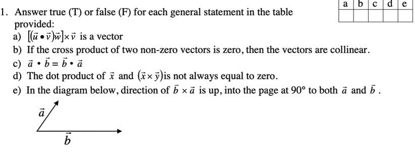 a bc
de
1. Answer true (T) or false (F) for each general statement in the table
provided:
a) [ü •v )w]xv is a vector
b) If the cross product of two non-zero vectors is zero, then the vectors are collinear.
c) ā •b = b• ā
d) The dot product of i and (ï× ÿ)is not always equal to zero.
e) In the diagram below, direction of b x ā is up, into the page at 90° to both ā and b.
b
