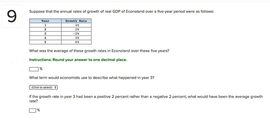 Suppose that the annual rates of growth of real GDP of Econoland over a five-year period were as follows:
Year
Growth Rate
1
4%
2
28
3
-2%
4
48
5
6%
What was the average of these growth rates in Econoland over these five years?
Instructions: Round your answer to one decimal place.
%
What term would economists use to describe what happened in year 3?
(Click to select)
If the growth rate in year 3 had been a positive 2 percent rather than a negative 2 percent, what would have been the average growth
rate?
1%
