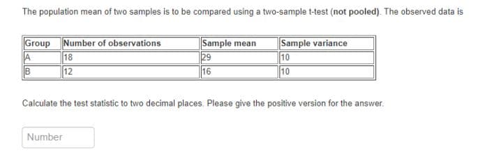 The population mean of two samples is to be compared using a two-sample t-test (not pooled). The observed data is
Group Number of observations
A
B
18
12
Sample mean
29
16
Sample variance
10
10
Calculate the test statistic to two decimal places. Please give the positive version for the answer.
Number
