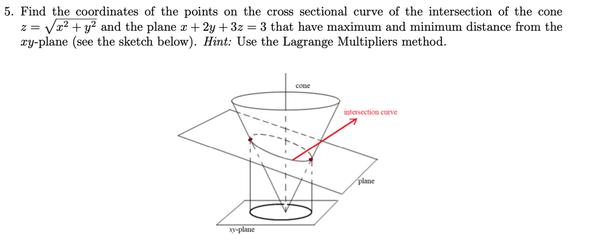 5. Find the coordinates of the points on the cross sectional curve of the intersection of the cone
z = √√x² + y² and the plane x + 2y + 3z = 3 that have maximum and minimum distance from the
xy-plane (see the sketch below). Hint: Use the Lagrange Multipliers method.
cone
intersection curve
plane
xy-plane