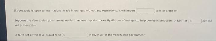 If Venezuela is open to international trade in oranges without any restrictions, it will import
Suppose the Venezuelan government wants to reduce imports to exactly 80 tons of oranges to help domestic producers. A tariff of
will achieve this.
A tariff set at this level would raise $
tons of oranges.
in revenue for the Venezuelan government.
per ton