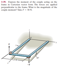 3-59. Express the moment of the couple acting on the
frame in Cartesian vector form. The forces are applied
perpendicular to the frame. What is the magnitude of the
couple moment? Take F - S0 N.
3m
30
1.5 m.
-F
