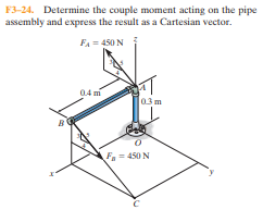 F3-24. Determine the couple moment acting on the pipe
assembly and express the result as a Cartesian vector.
FA = 450 N
04 m
03 m
Fa= 450 N
