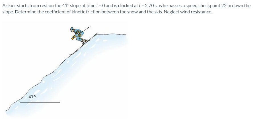A skier starts from rest on the 41° slope at time t = 0 and is clocked at t = 2.70 s as he passes a speed checkpoint 22 m down the
slope. Determine the coefficient of kinetic friction between the snow and the skis. Neglect wind resistance.
41°
