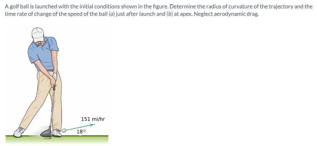 A golf ball is launched with the initial conditions shown in the figure. Determine the radius of curvature of the trajectory and the
time rate of change of the speed of the ball (a) just after launch and (b) at apex. Neglect aerodynamic drag.
151 mi/hr
18°
