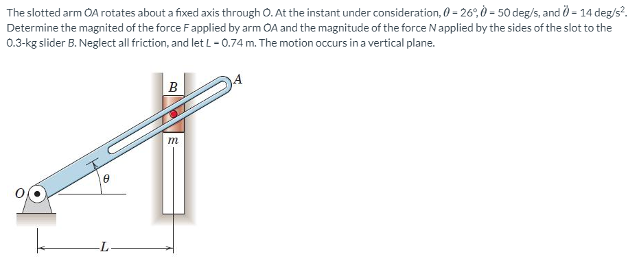 The slotted arm OA rotates about a fixed axis through O. At the instant under consideration, 0 = 26°, Ò = 50 deg/s, and Ö – 14 deg/s².
Determine the magnited of the force Fapplied by arm OA and the magnitude of the force N applied by the sides of the slot to the
0.3-kg slider B. Neglect all friction, and let L = 0.74 m. The motion occurs in a vertical plane.
B
т
-L
