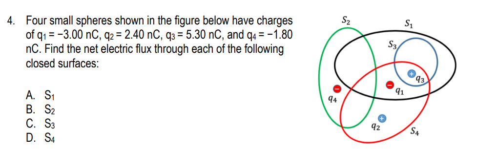 S2
S1
4. Four small spheres shown in the figure below have charges
of q1 = -3.00 nC, q2 = 2.40 nC, q3 = 5.30 nC, and q4 = -1.80
nC. Find the net electric flux through each of the following
S3
closed surfaces:
93
91
94
А. S1
В. S2
С. Sз
D. S4
92
S4
