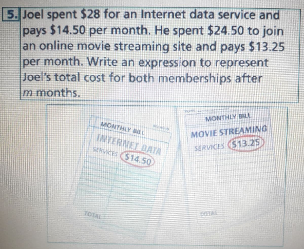 5. Joel spent $28 for an Internet data service and
pays $14.50 per month. He spent $24.50 to join
an online movie streaming site and pays $13.25
per month. Write an expression to represent
Joel's total cost for both memberships after
m months.
MONTHLY BILL
MONTHLY BILL
MOVIE STREAMING
INTERNET DATA
SERVICES ($13.25
SERVICES ($14.50
TOTAL
TOTAL
