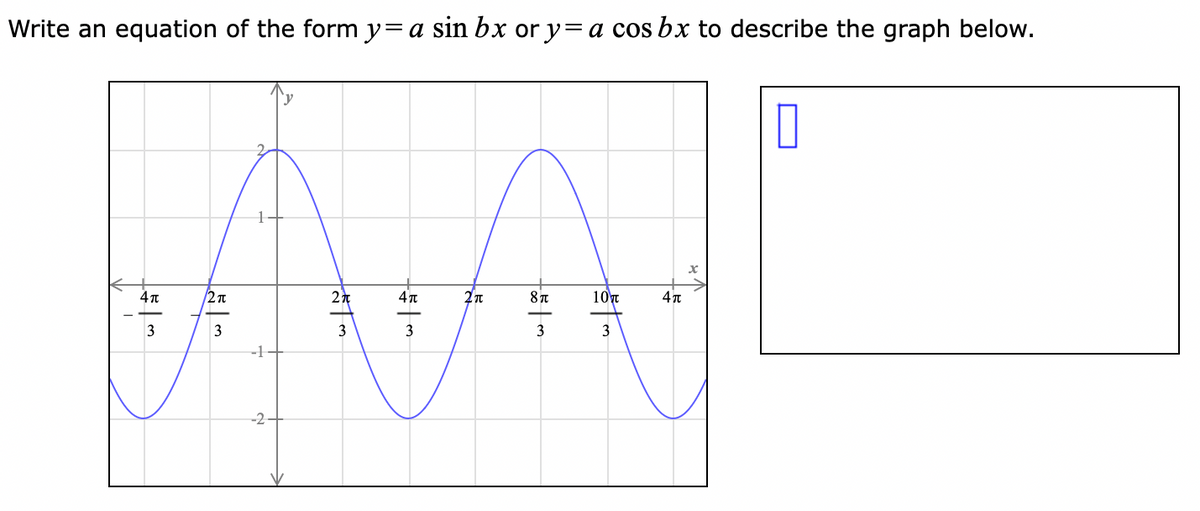Write an equation of the form y=a sin bx or y=a cos bx to describe the graph below.
0
x
AVA
4π
2π
4π
2π
8π 10 π 4π
3
3
3
3
3
3
-2
| F | M
