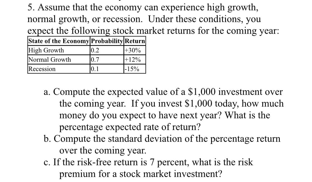 5. Assume that the economy can experience high growth,
normal growth, or recession. Under these conditions, you
expect the following stock market returns for the coming year:
State of the Economy Probability Return
High Growth
+30%
Normal Growth
+12%
Recession
-15%
0.2
0.7
0.1
a. Compute the expected value of a $1,000 investment over
the coming year. If you invest $1,000 today, how much
money do you expect to have next year? What is the
percentage expected rate of return?
b. Compute the standard deviation of the percentage return
over the coming year.
c. If the risk-free return is 7 percent, what is the risk
premium for a stock market investment?