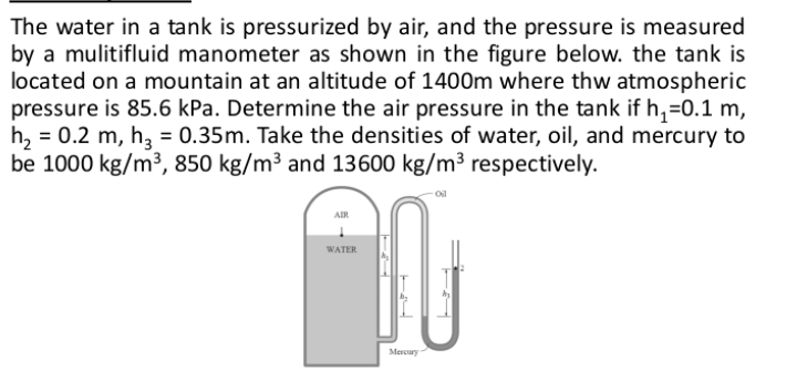 The water in a tank is pressurized by air, and the pressure is measured
by a mulitifluid manometer as shown in the figure below. the tank is
located on a mountain at an altitude of 1400m where thw atmospheric
pressure is 85.6 kPa. Determine the air pressure in the tank if h,=0.1 m,
h, = 0.2 m, h, = 0.35m. Take the densities of water, oil, and mercury to
be 1000 kg/m³, 850 kg/m³ and 13600 kg/m³ respectively.
AIR
WATER
Mercury
