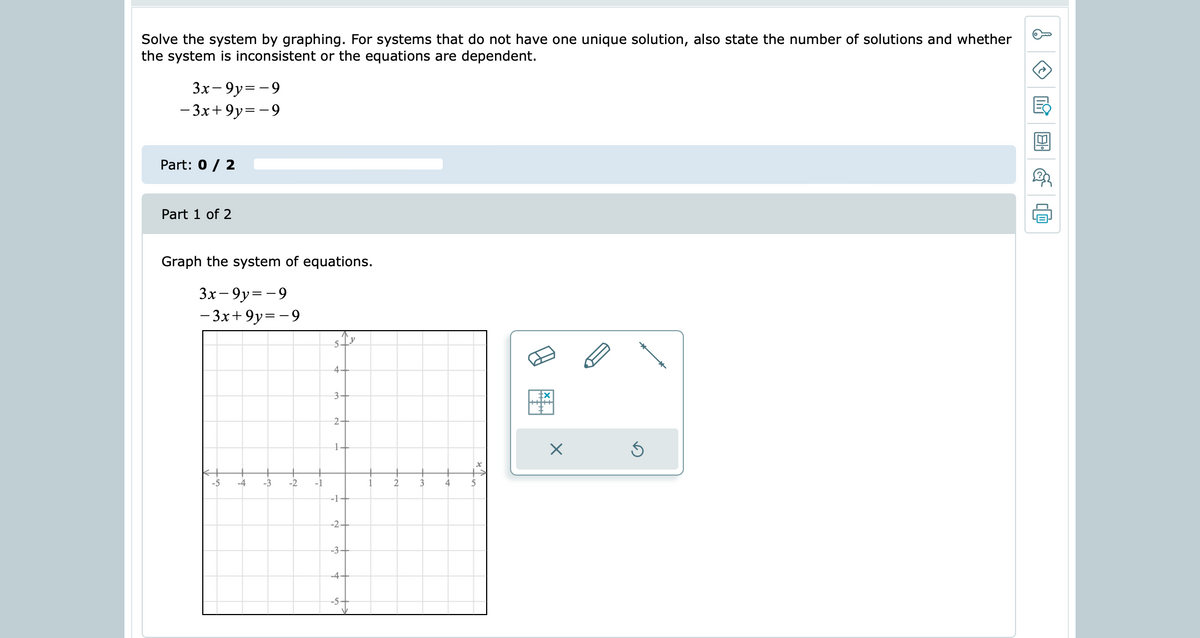 Solve the system by graphing. For systems that do not have one unique solution, also state the number of solutions and whether
the system is inconsistent or the equations are dependent.
3x- 9y=-9
- 3x+9y=-9
Part: 0 / 2
Part 1 of 2
Graph the system of equations.
3x- 9y=-9
- 3x+9y=-9
4-
3-
2-
1.
-5
-4
-3
-2
-1
2
3
4
-1-
-24
-3+
-4+
