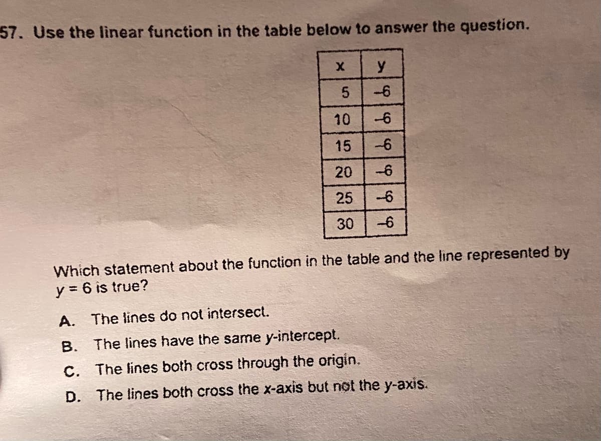 57. Use the linear function in the table below to answer the question.
-6
10
-6
15
-6
20
-6
25
--6
30
--6
Which statement about the function in the table and the line represented by
y = 6 is true?
A. The lines do not intersect.
B. The lines have the same y-intercept.
C. The lines both cross through the origin.
D. The lines both cross the x-axis but not the y-axis.
