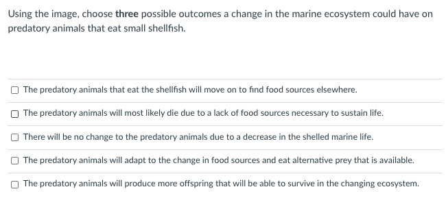 Using the image, choose three possible outcomes a change in the marine ecosystem could have on
predatory animals that eat small shellfish.
O The predatory animals that eat the shellfish will move on to find food sources elsewhere.
O The predatory animals will most likely die due to a lack of food sources necessary to sustain life.
There will be no change to the predatory animals due to a decrease in the shelled marine life.
The predatory animals will adapt to the change in food sources and eat alternative prey that is available.
O The predatory animals will produce more offspring that will be able to survive in the changing ecosystem.
