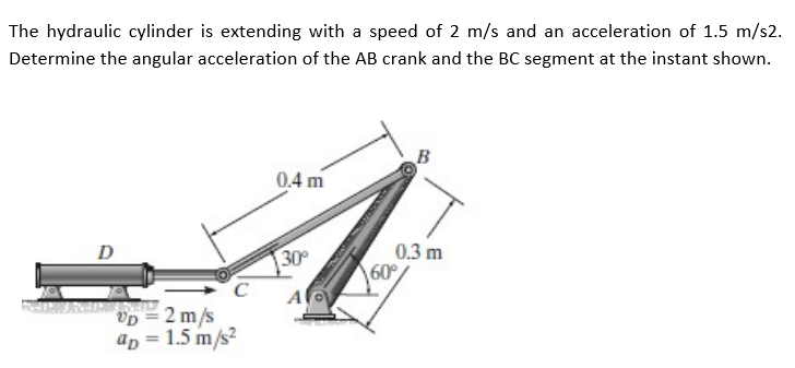 The hydraulic cylinder is extending with a speed of 2 m/s and an acceleration of 1.5 m/s2.
Determine the angular acceleration of the AB crank and the BC segment at the instant shown.
B
0.4 m
0.3 m
60
D
30
A
Up = 2 m/s
ap = 1.5 m/s?
