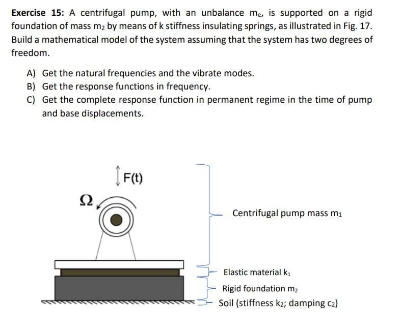 Exercise 15: A centrifugal pump, with an unbalance me, is supported on a rigid
foundation of mass m2 by means of k stiffness insulating springs, as illustrated in Fig. 17.
Build a mathematical model of the system assuming that the system has two degrees of
freedom.
A) Get the natural frequencies and the vibrate modes.
B) Get the response functions in frequency.
C) Get the complete response function in permanent regime in the time of pump
and base displacements.
F(t)
Centrifugal pump mass m1
Elastic material k,
Rigid foundation m,
Soil (stiffness k2; damping c2)
