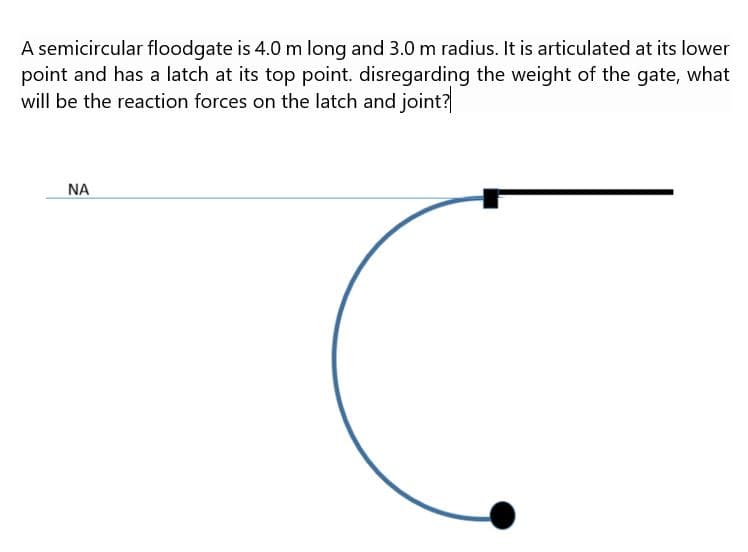 A semicircular floodgate is 4.0 m long and 3.0 m radius. It is articulated at its lower
point and has a latch at its top point. disregarding the weight of the gate, what
will be the reaction forces on the latch and joint?
NA
