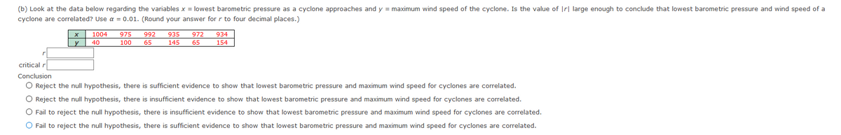 (b) Look at the data below regarding the variables x = lowest barometric pressure as a cyclone approaches and y = maximum wind speed of the cyclone. Is the value of r| large enough to conclude that lowest barometric pressure and wind speed of a
cyclone are correlated? Use a = 0.01. (Round your answer for r to four decimal places.)
1004
975
992
935
972
934
y
40
100
65
145
65
154
critical r
Conclusion
O Reject the null hypothesis, there is sufficient evidence to show that lowest barometric pressure and maximum wind speed for cyclones are correlated.
O Reject the null hypothesis, there is insufficient evidence to show that lowest barometric pressure and maximum wind speed for cyclones are correlated.
O Fail to reject the null hypothesis, there is insufficient evidence to show that lowest barometric pressure and maximum wind speed for cyclones are correlated.
O Fail to reject the null hypothesis, there is sufficient evidence to show that lowest barometric pressure and maximum wind speed for cyclones are correlated.
