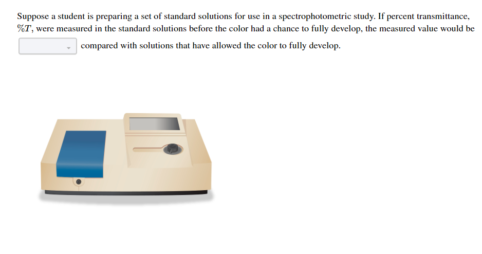Suppose a student is preparing a set of standard solutions for use in a spectrophotometric study. If percent transmittance,
%T, were measured in the standard solutions before the color had a chance to fully develop, the measured value would be
compared with solutions that have allowed the color to fully develop.
