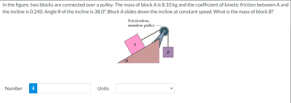 In the figure, two blocks are connected over a pulley. The mass of block A is 8.10 kg and the coefficient of kinetic friction between A and
the incline is 0.240. Angle 0 of the incline is 38.0°. Block A slides down the incline at constant speed. What is the mass of block B?
Frictionless,
massless pulley
A
B
Number
Units
