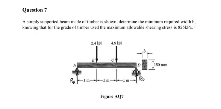 Question 7
A simply supported beam made of timber is shown; determine the minimum required width b,
knowing that for the grade of timber used the maximum allowable shearing stress is 825kPa.
RA
2.4 kN
B
4.8 kN
-1 m-
+-1m-
Figure AQ7
11.4
Ro
150 mm