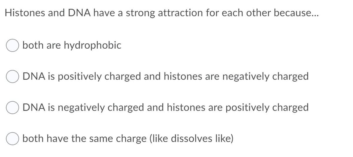 Histones and DNA have a strong attraction for each other because...
both are hydrophobic
DNA is positively charged and histones are negatively charged
DNA is negatively charged and histones are positively charged
both have the same charge (like dissolves like)
