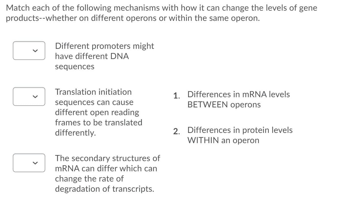 Match each of the following mechanisms with how it can change the levels of gene
products--whether on different operons or within the same operon.
Different promoters might
have different DNA
sequences
Translation initiation
sequences can cause
different open reading
1. Differences in mRNA levels
BETWEEN operons
frames to be translated
2. Differences in protein levels
WITHIN an operon
differently.
The secondary structures of
MRNA can differ which can
change the rate of
degradation of transcripts.
