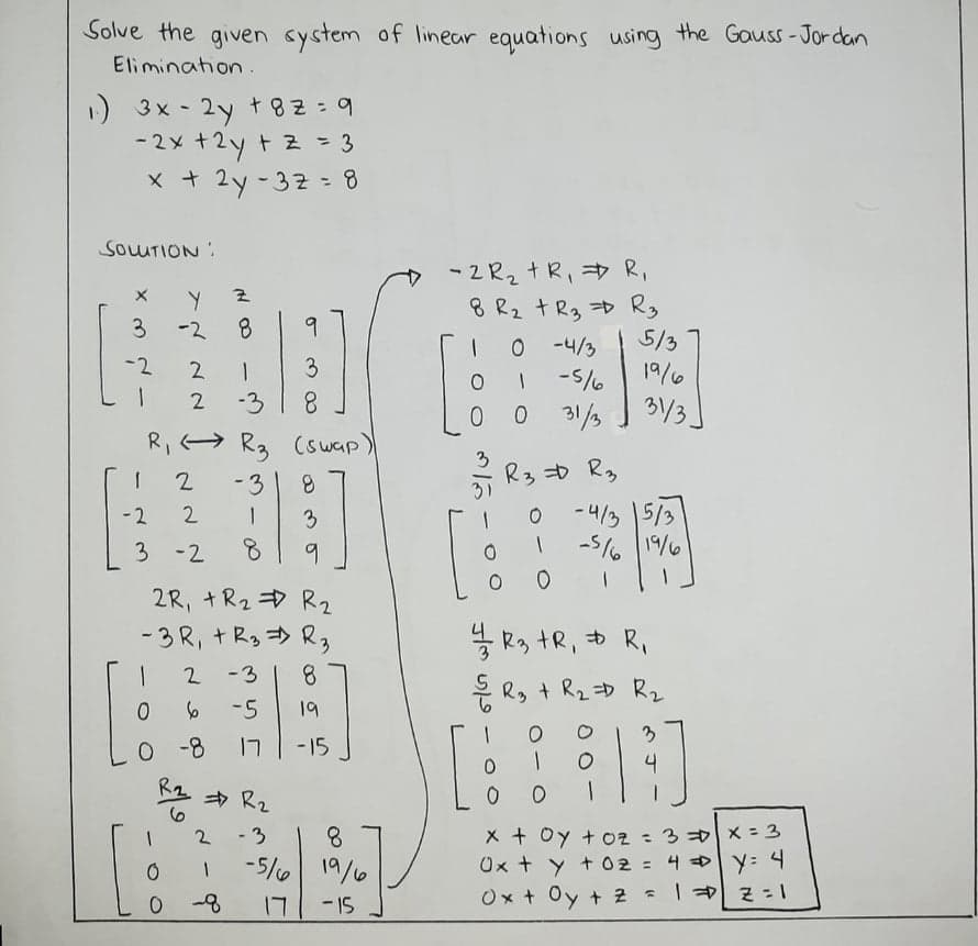 Solve the given system of linear equations using the Gauss - Jor dan
Elimination.
1) 3x - 2y t82=9
-2x +2y + z - 3
x + 2y-32 - 8
%3D
%3D
SOUTION:
- 2R2 +R, D R,
8 R2 t Rg =D Rg
5/3
-2
8.
9.
O -4/3
-2
2
3
19/6
2
-3
8.
O 31/3
3/3
R3 (swap)
- 3
R,>
R3 D R,
-2
2
3
- 4/3 5/3
3 -2
8.
-5% 1%
19/6
2R, +R2 D R2
- 3 R, + R3 > R3
* Rg tR, D R,
2 -3
8
* R, + R2 D R2
-5
19
O -8
LI
-15
4
R2
+ R2
X + Oy + o2 :3 x = 3
Ox + y + 02 = 4 D Y: 4
Ox + Oy + 2 *
2
- 3
8.
-5/6 19/6
LI
-15
2.
