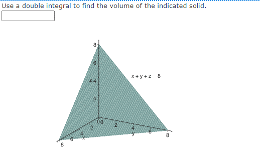 Use a double integral to find the volume of the indicated solid.
X + y +z = 8
Z4
00

