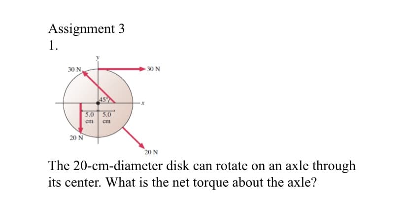 Assignment 3
1.
30 N
- 30 N
45
5.0 5.0
ст
ст
20 N
20 N
The 20-cm-diameter disk can rotate on an axle through
its center. What is the net torque about the axle?
